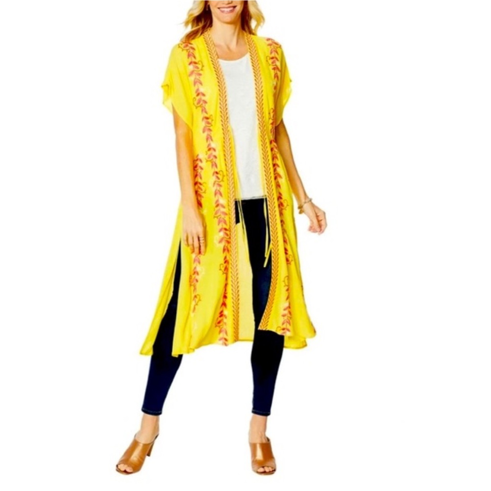 CURATIONS Yellow Embroidered Gauze Kaftan Cover Up